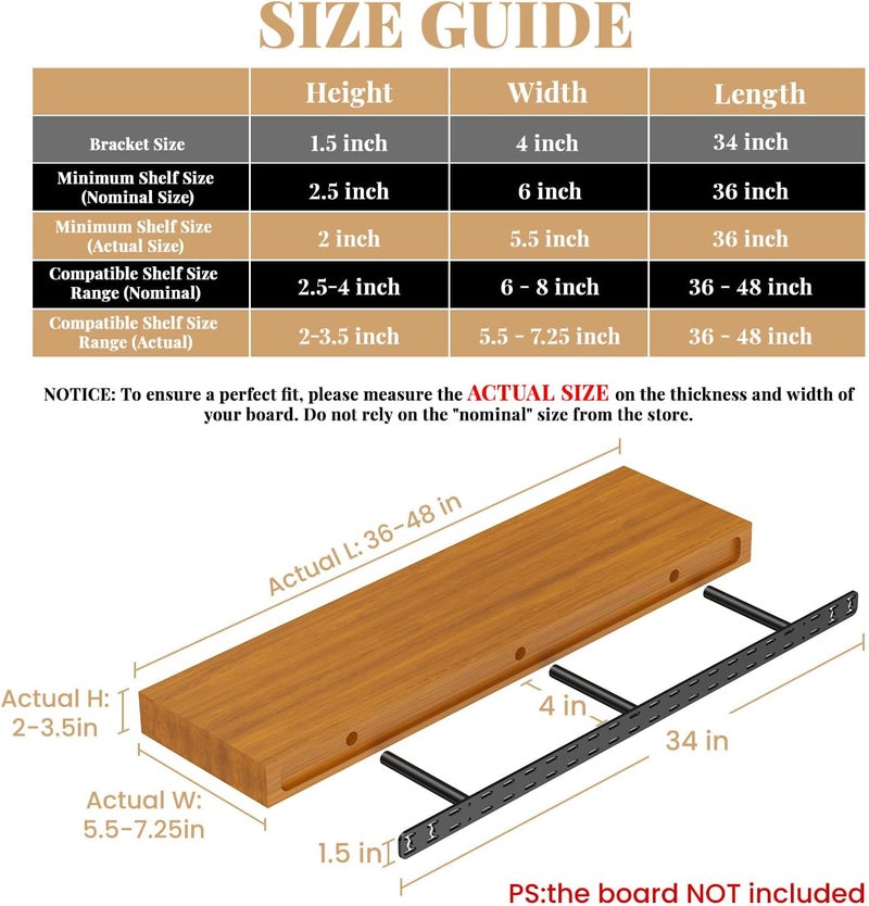 Craftersmark 2pcs Floating Shelf Hardware Heavy Duty Hidden Shelf Brackets Support,Wall Mounting Invisible Floating Shelves Bracket with Jig (34" x 4" x 1.5" with Tools) - Image 2